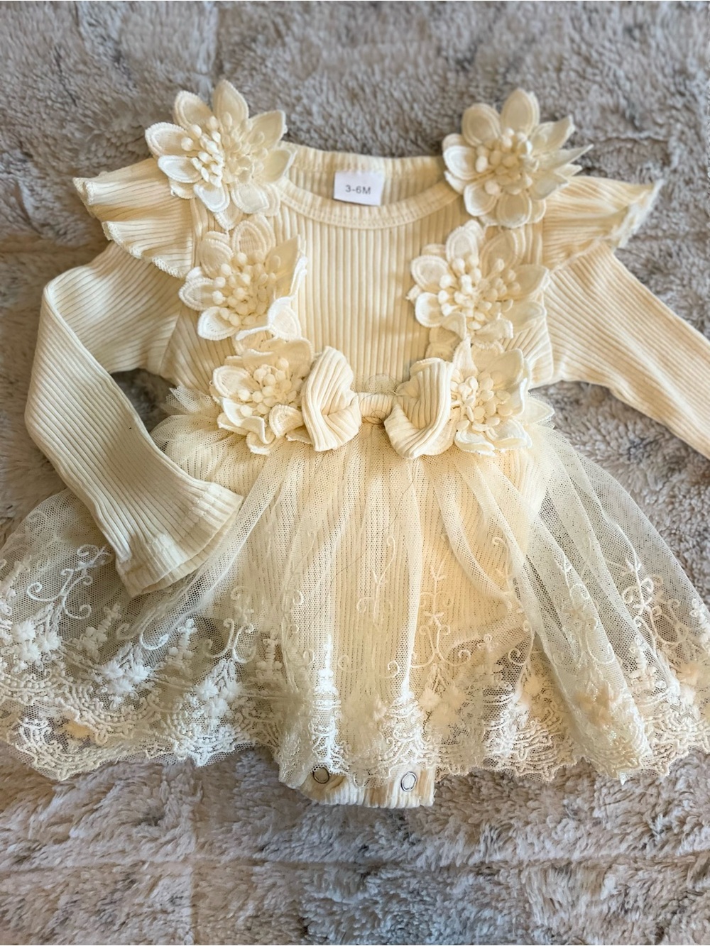 Cream Floral Lace Long-Sleeve Baby Glam Dress Onesie 3-6M